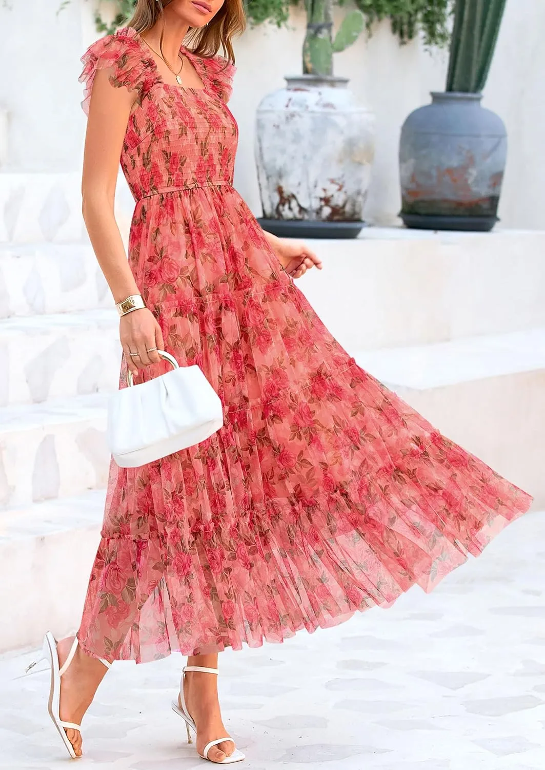 PRETTYGARDEN Women's Summer Tulle Midi Dress Sleeveless Smocked Ruffle Mesh Flowy Dresses Party Wedding Guest Sundress