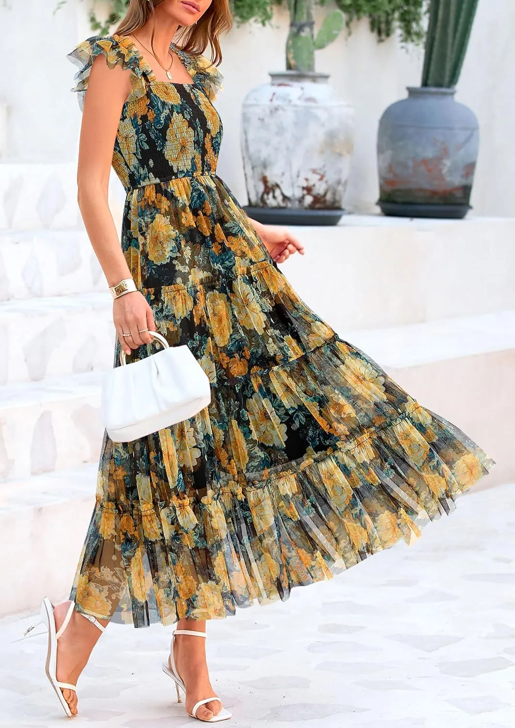 PRETTYGARDEN Women's Summer Tulle Midi Dress Sleeveless Smocked Ruffle Mesh Flowy Dresses Party Wedding Guest Sundress