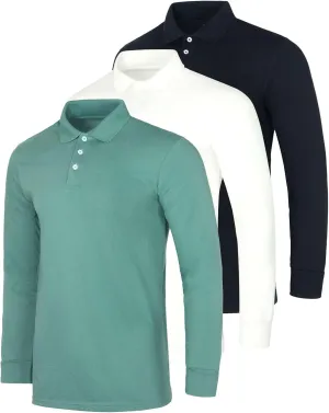 Real Essentials 3 Pack Men's Cotton Jersey Long-Sleeve Polo Shirt - Casual Workwear Office (Available in Big & Tall)
