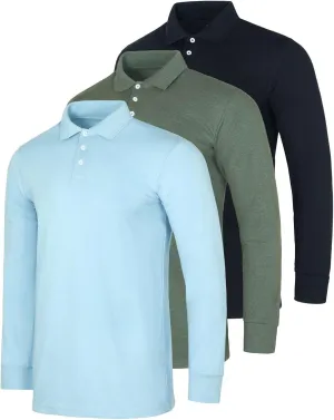 Real Essentials 3 Pack Men's Cotton Jersey Long-Sleeve Polo Shirt - Casual Workwear Office (Available in Big & Tall)