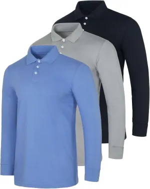 Real Essentials 3 Pack Men's Cotton Jersey Long-Sleeve Polo Shirt - Casual Workwear Office (Available in Big & Tall)