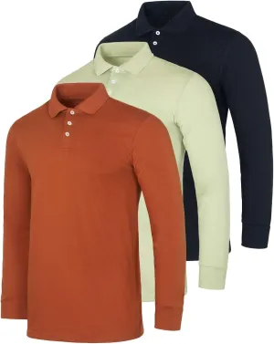 Real Essentials 3 Pack Men's Cotton Jersey Long-Sleeve Polo Shirt - Casual Workwear Office (Available in Big & Tall)