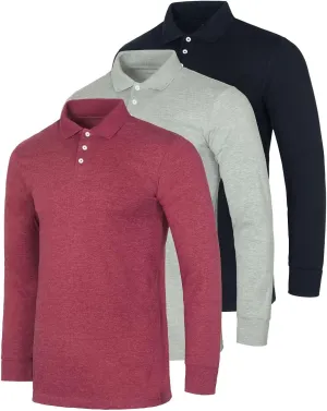 Real Essentials 3 Pack Men's Cotton Jersey Long-Sleeve Polo Shirt - Casual Workwear Office (Available in Big & Tall)