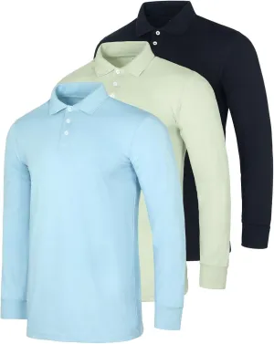 Real Essentials 3 Pack Men's Cotton Jersey Long-Sleeve Polo Shirt - Casual Workwear Office (Available in Big & Tall)