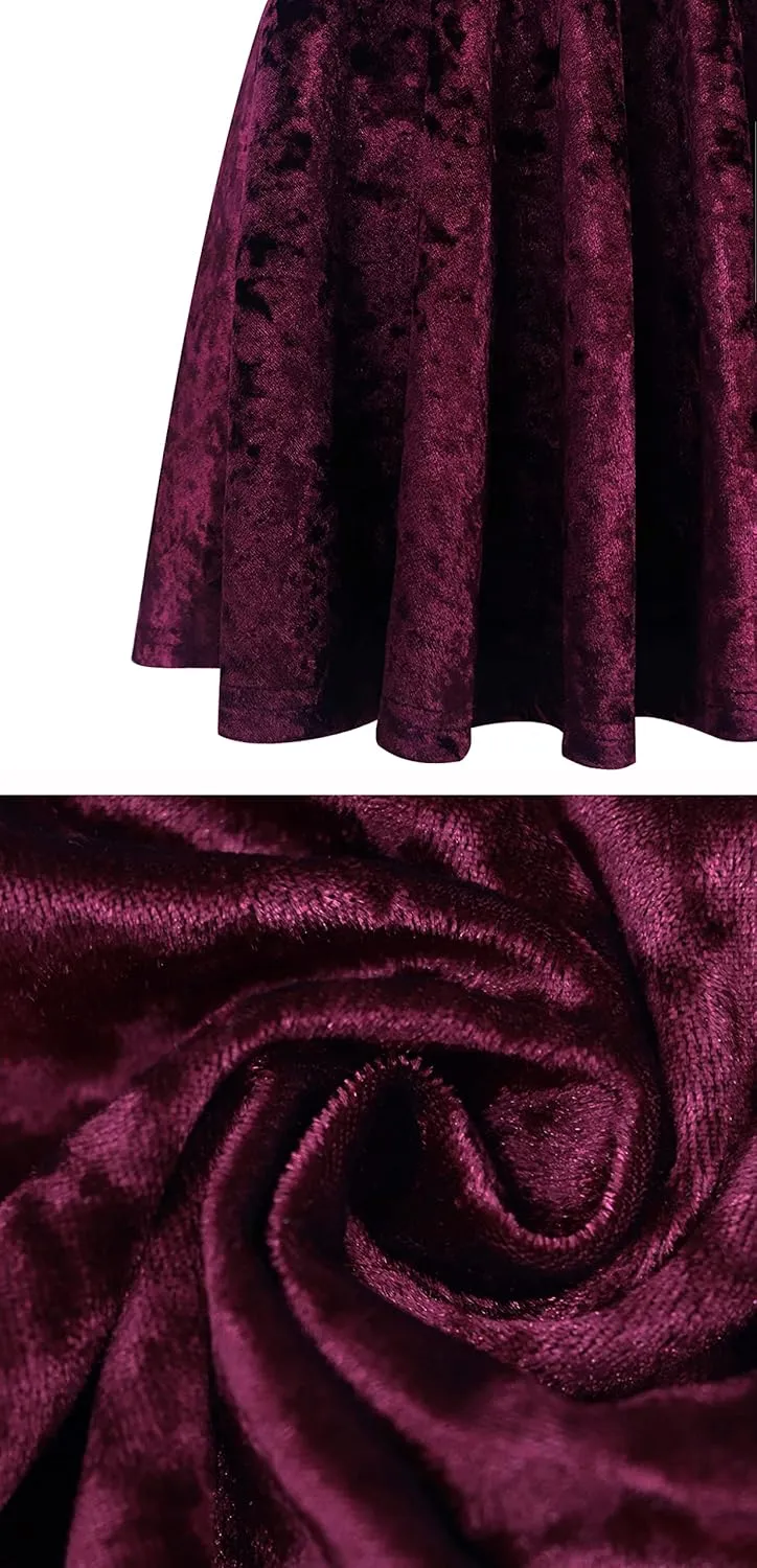 R.Vivimos Women's Crushed Velvet Spaghetti Straps Sexy V Neck Club Party Pleated Swing Skater Dress