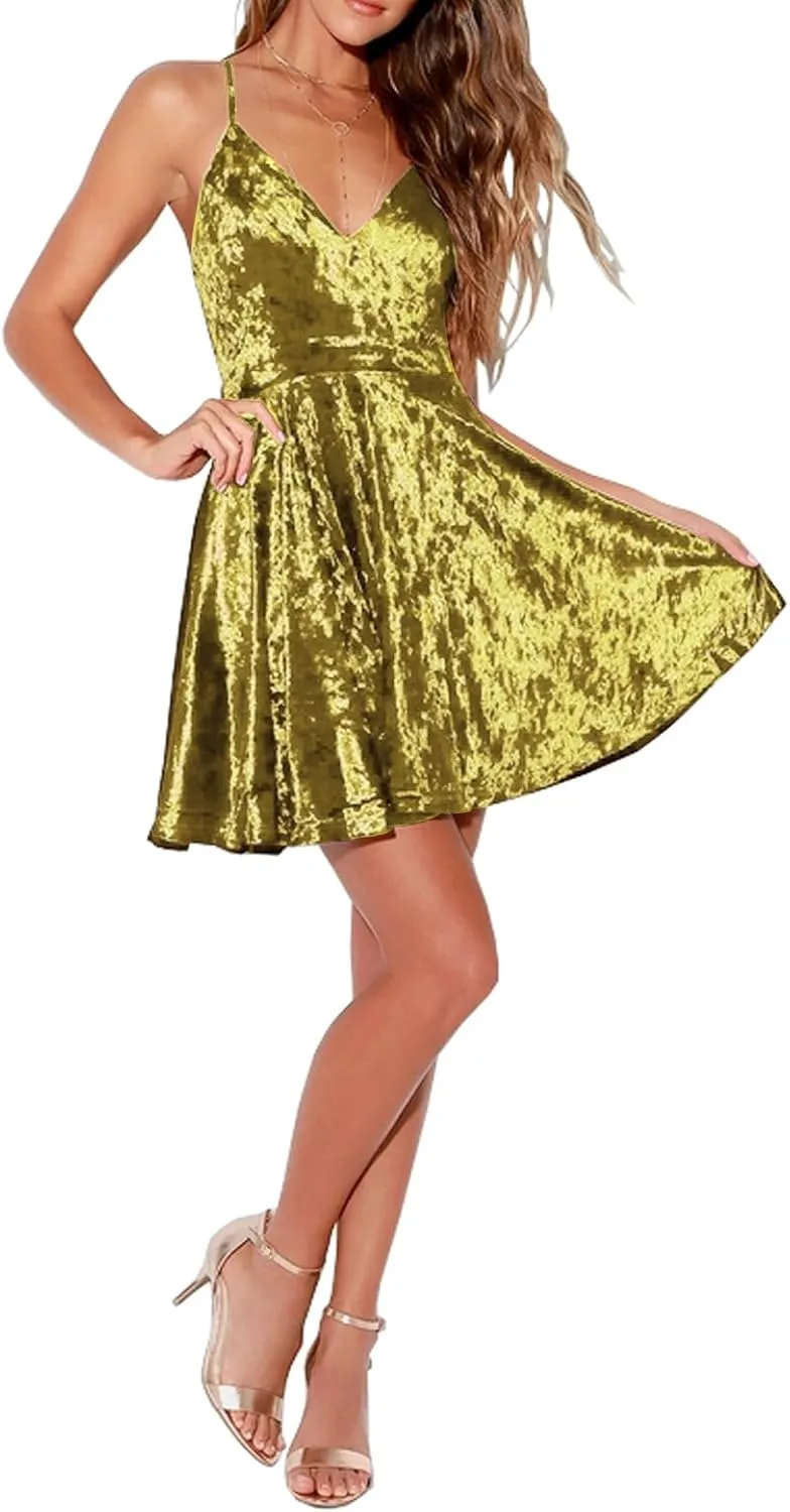 R.Vivimos Women's Crushed Velvet Spaghetti Straps Sexy V Neck Club Party Pleated Swing Skater Dress