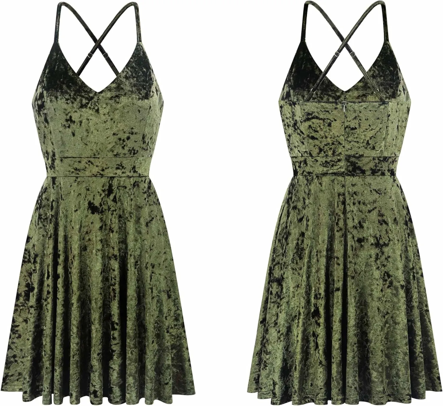 R.Vivimos Women's Crushed Velvet Spaghetti Straps Sexy V Neck Club Party Pleated Swing Skater Dress