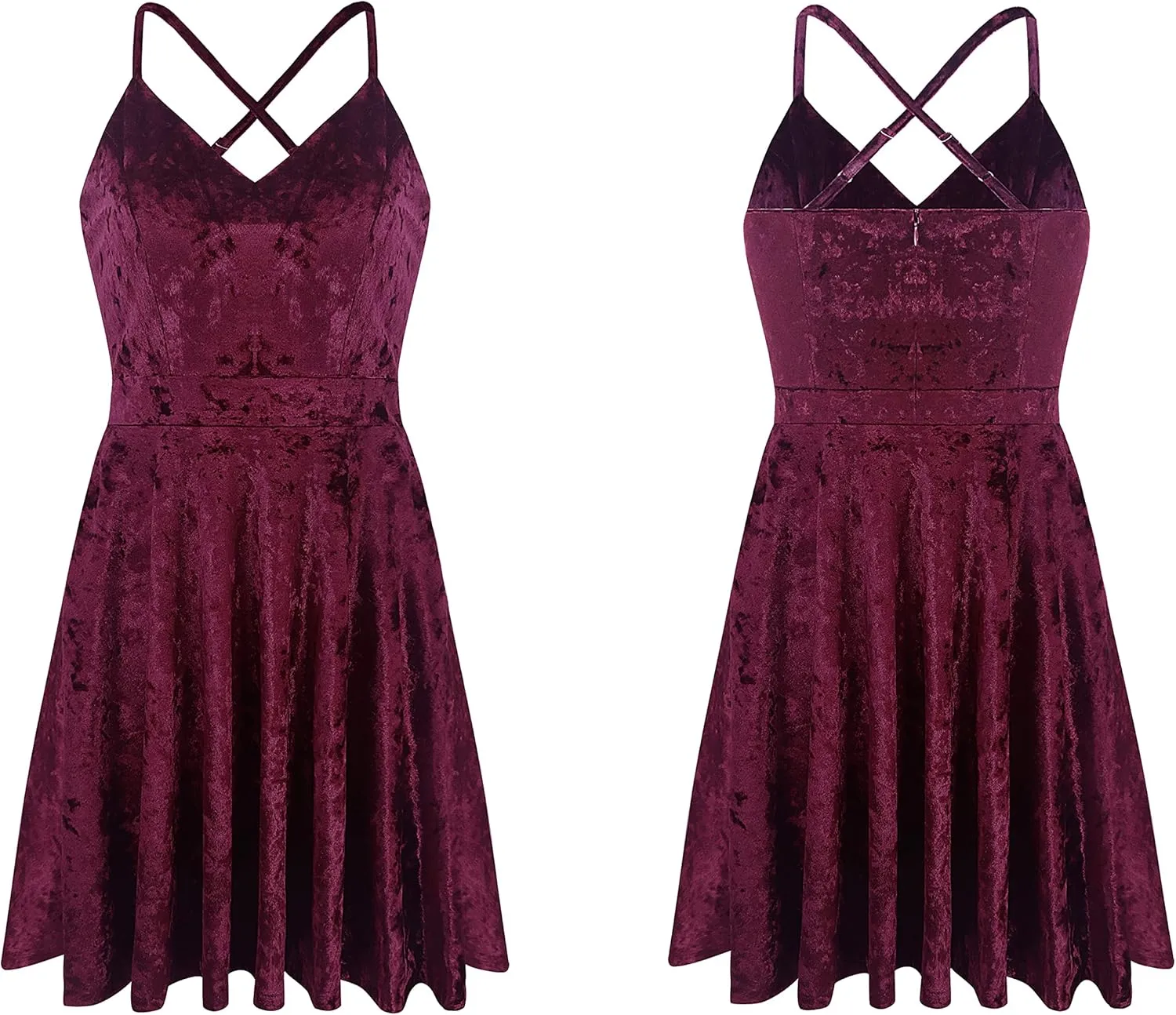 R.Vivimos Women's Crushed Velvet Spaghetti Straps Sexy V Neck Club Party Pleated Swing Skater Dress