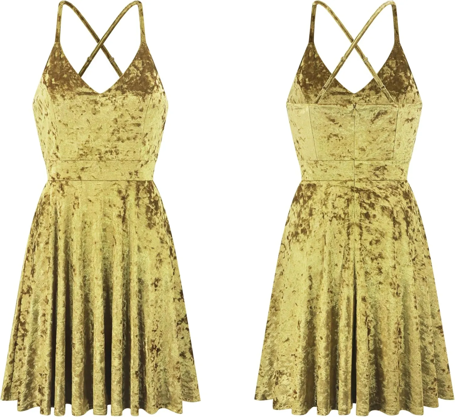 R.Vivimos Women's Crushed Velvet Spaghetti Straps Sexy V Neck Club Party Pleated Swing Skater Dress