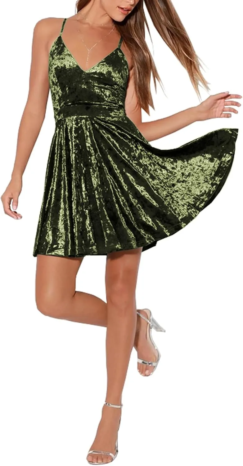 R.Vivimos Women's Crushed Velvet Spaghetti Straps Sexy V Neck Club Party Pleated Swing Skater Dress