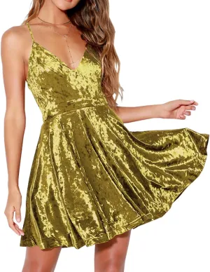 R.Vivimos Women's Crushed Velvet Spaghetti Straps Sexy V Neck Club Party Pleated Swing Skater Dress
