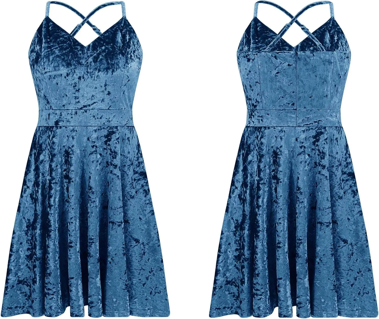 R.Vivimos Women's Crushed Velvet Spaghetti Straps Sexy V Neck Club Party Pleated Swing Skater Dress