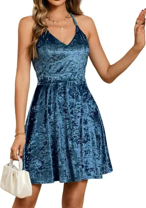 R.Vivimos Women's Crushed Velvet Spaghetti Straps Sexy V Neck Club Party Pleated Swing Skater Dress