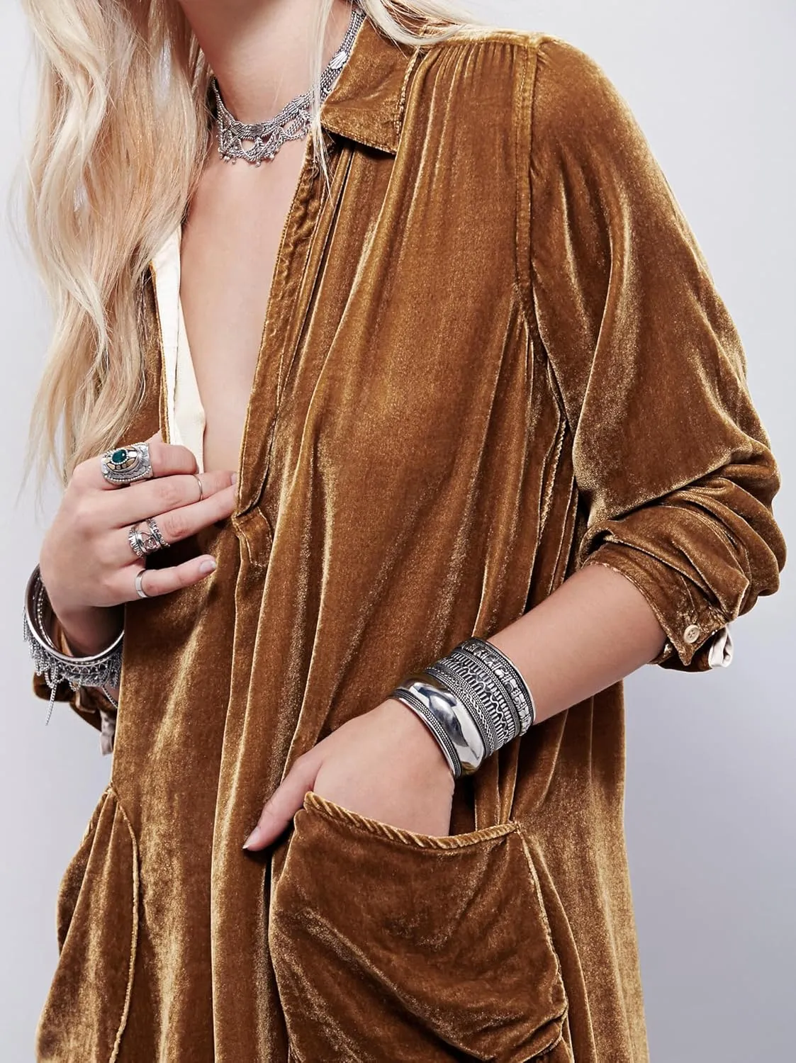 R.Vivimos Womens Velvet Long Sleeve Pocket Casual Mini Shirt Dress
