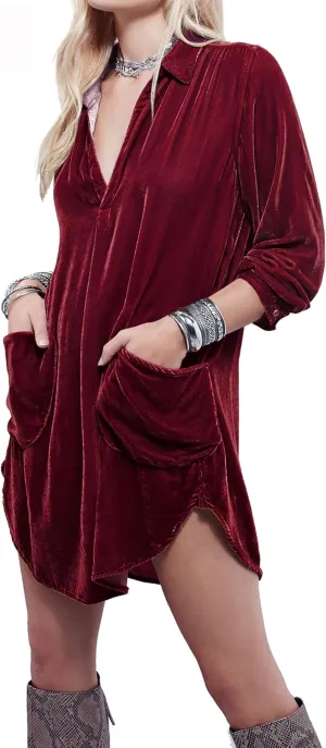 R.Vivimos Womens Velvet Long Sleeve Pocket Casual Mini Shirt Dress