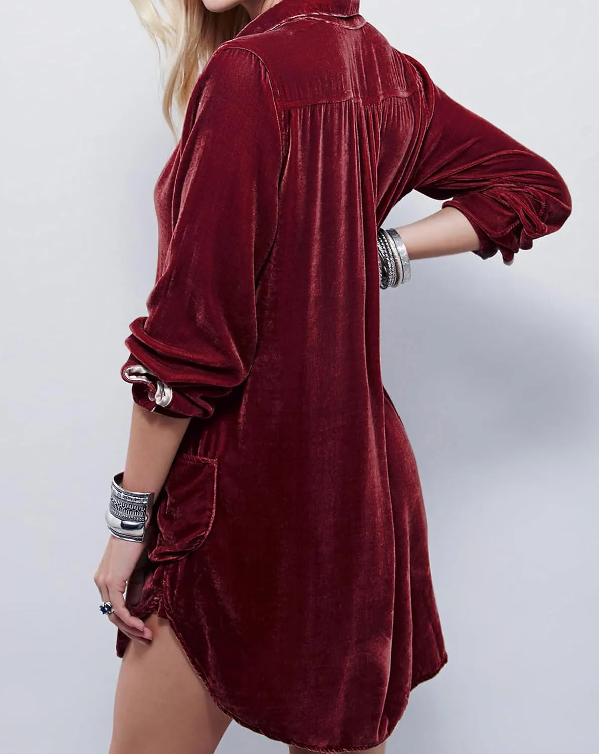 R.Vivimos Womens Velvet Long Sleeve Pocket Casual Mini Shirt Dress