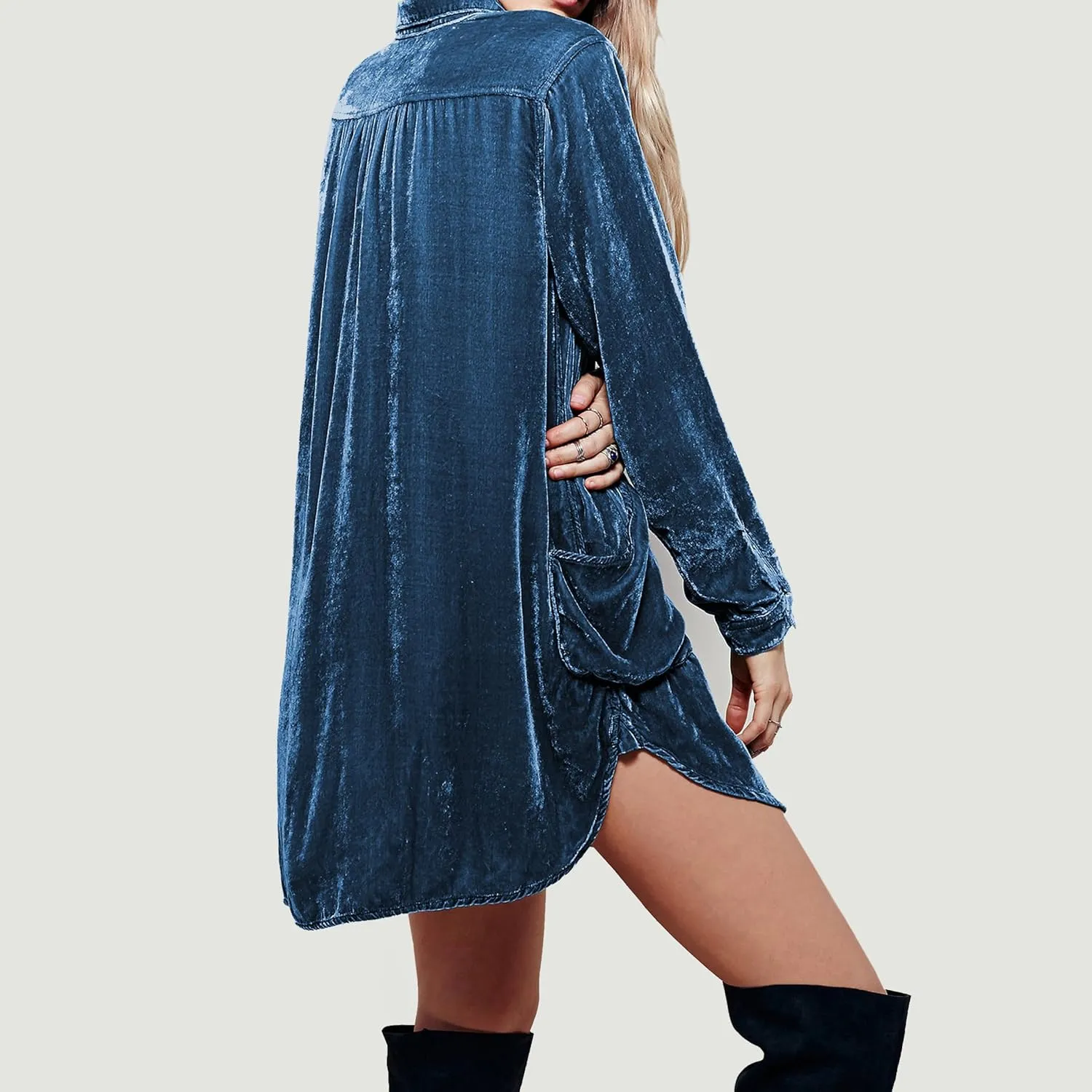R.Vivimos Womens Velvet Long Sleeve Pocket Casual Mini Shirt Dress