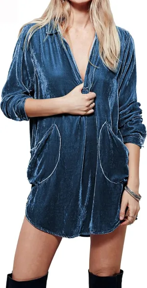 R.Vivimos Womens Velvet Long Sleeve Pocket Casual Mini Shirt Dress