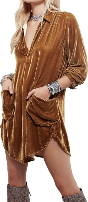 R.Vivimos Womens Velvet Long Sleeve Pocket Casual Mini Shirt Dress