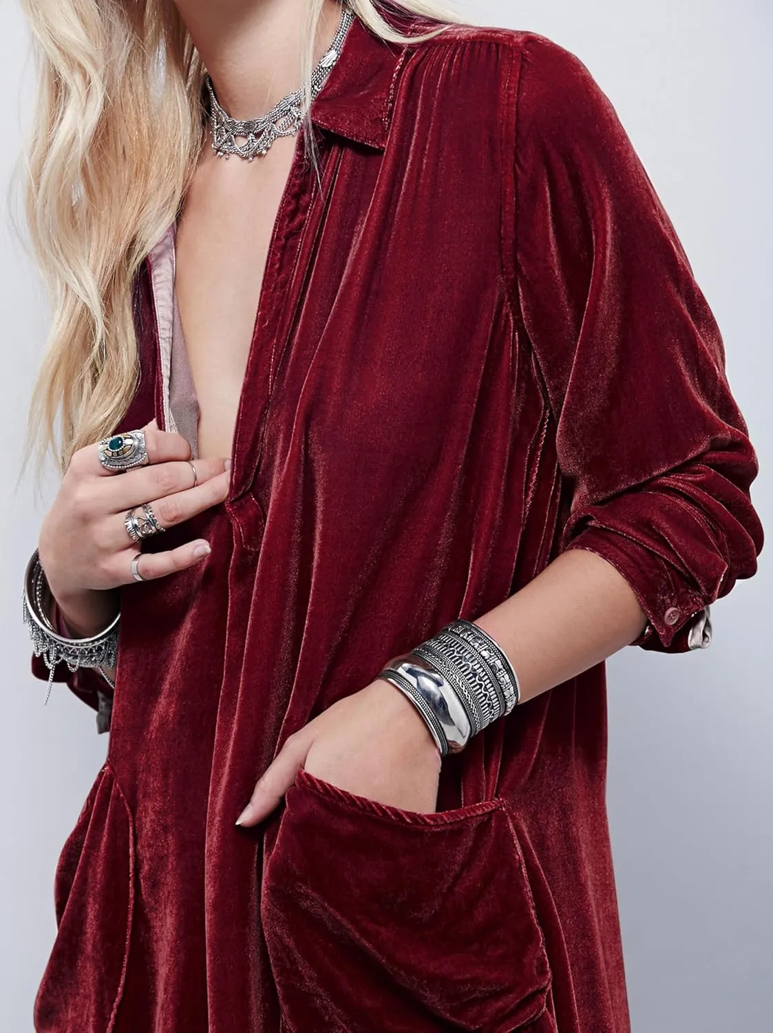 R.Vivimos Womens Velvet Long Sleeve Pocket Casual Mini Shirt Dress