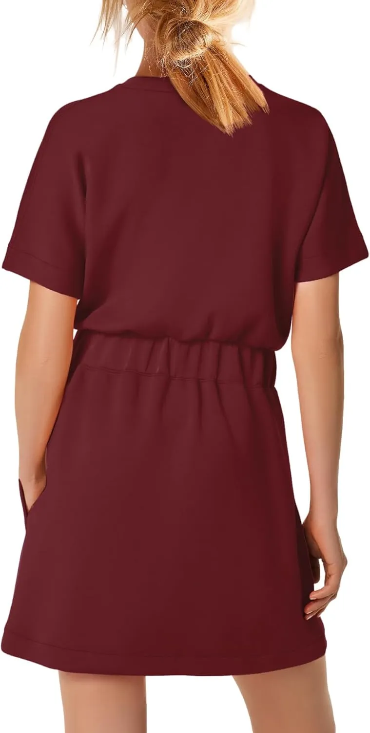 SENSERISE Womens Short Sleeve T Shirt Dresses Crew Neck Solid Color Basic Smocked Waist Dress with Pockets