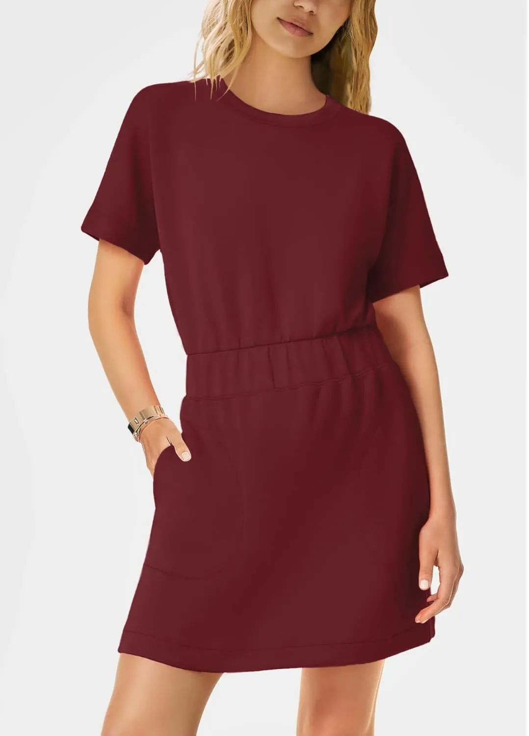 SENSERISE Womens Short Sleeve T Shirt Dresses Crew Neck Solid Color Basic Smocked Waist Dress with Pockets
