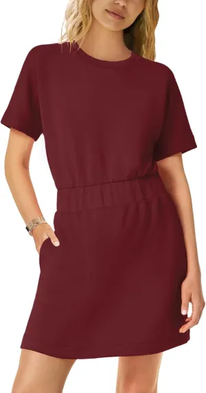 SENSERISE Womens Short Sleeve T Shirt Dresses Crew Neck Solid Color Basic Smocked Waist Dress with Pockets