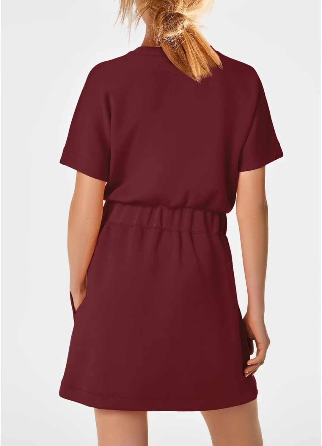 SENSERISE Womens Short Sleeve T Shirt Dresses Crew Neck Solid Color Basic Smocked Waist Dress with Pockets