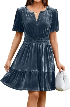 Simplee Women's 2024 Velvet Short Sleeve Cocktail Dress Winter Holiday V Neck Empire Waist Mini Party Dress with Pockets