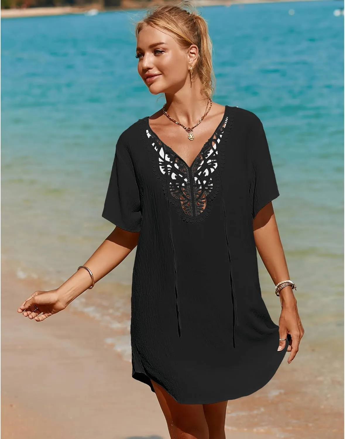 SimpleFun Womens Swimsuit Coverup Lace Crochet V Neck Bathing Suit Cover Up Dress Beach Cover Ups for Swimwear