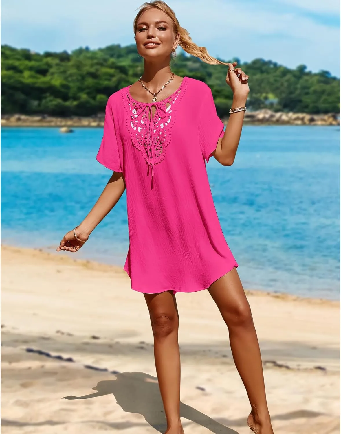 SimpleFun Womens Swimsuit Coverup Lace Crochet V Neck Bathing Suit Cover Up Dress Beach Cover Ups for Swimwear