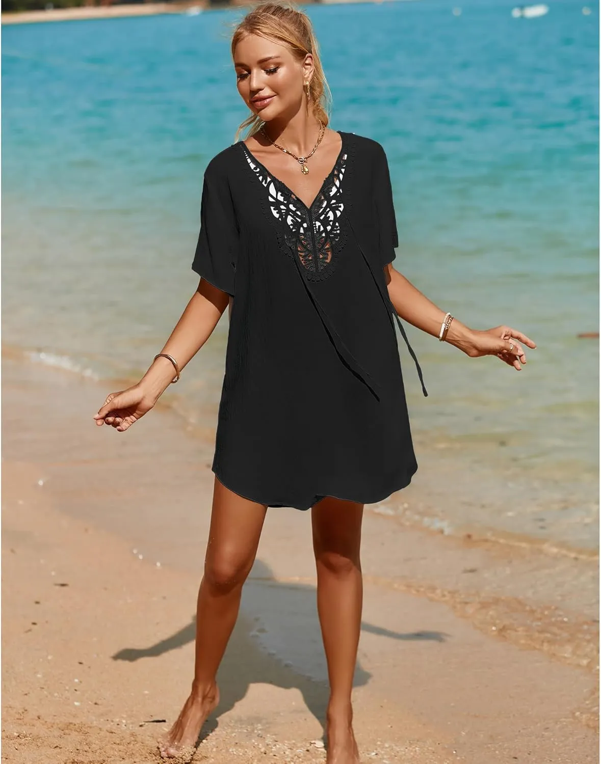SimpleFun Womens Swimsuit Coverup Lace Crochet V Neck Bathing Suit Cover Up Dress Beach Cover Ups for Swimwear