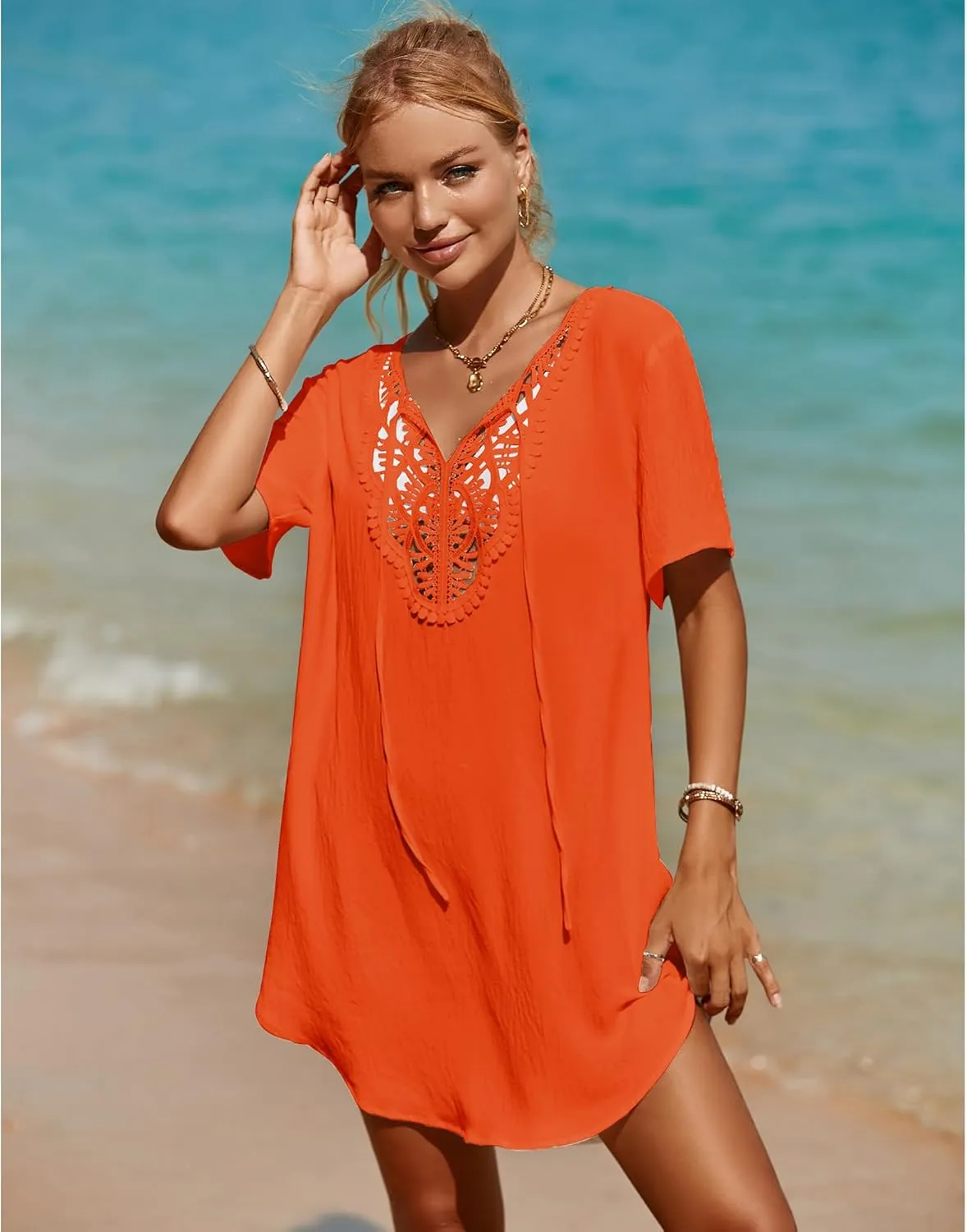 SimpleFun Womens Swimsuit Coverup Lace Crochet V Neck Bathing Suit Cover Up Dress Beach Cover Ups for Swimwear