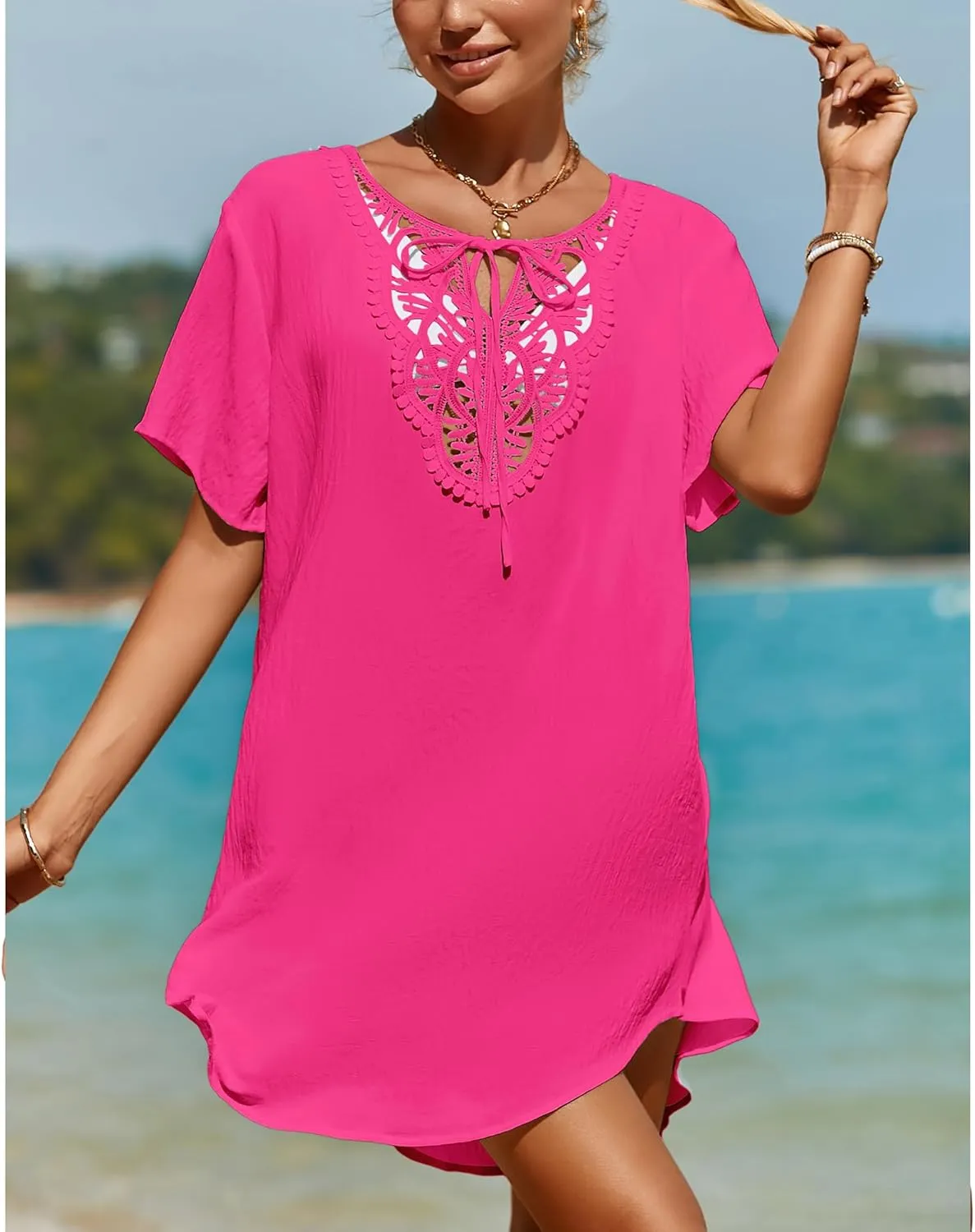 SimpleFun Womens Swimsuit Coverup Lace Crochet V Neck Bathing Suit Cover Up Dress Beach Cover Ups for Swimwear