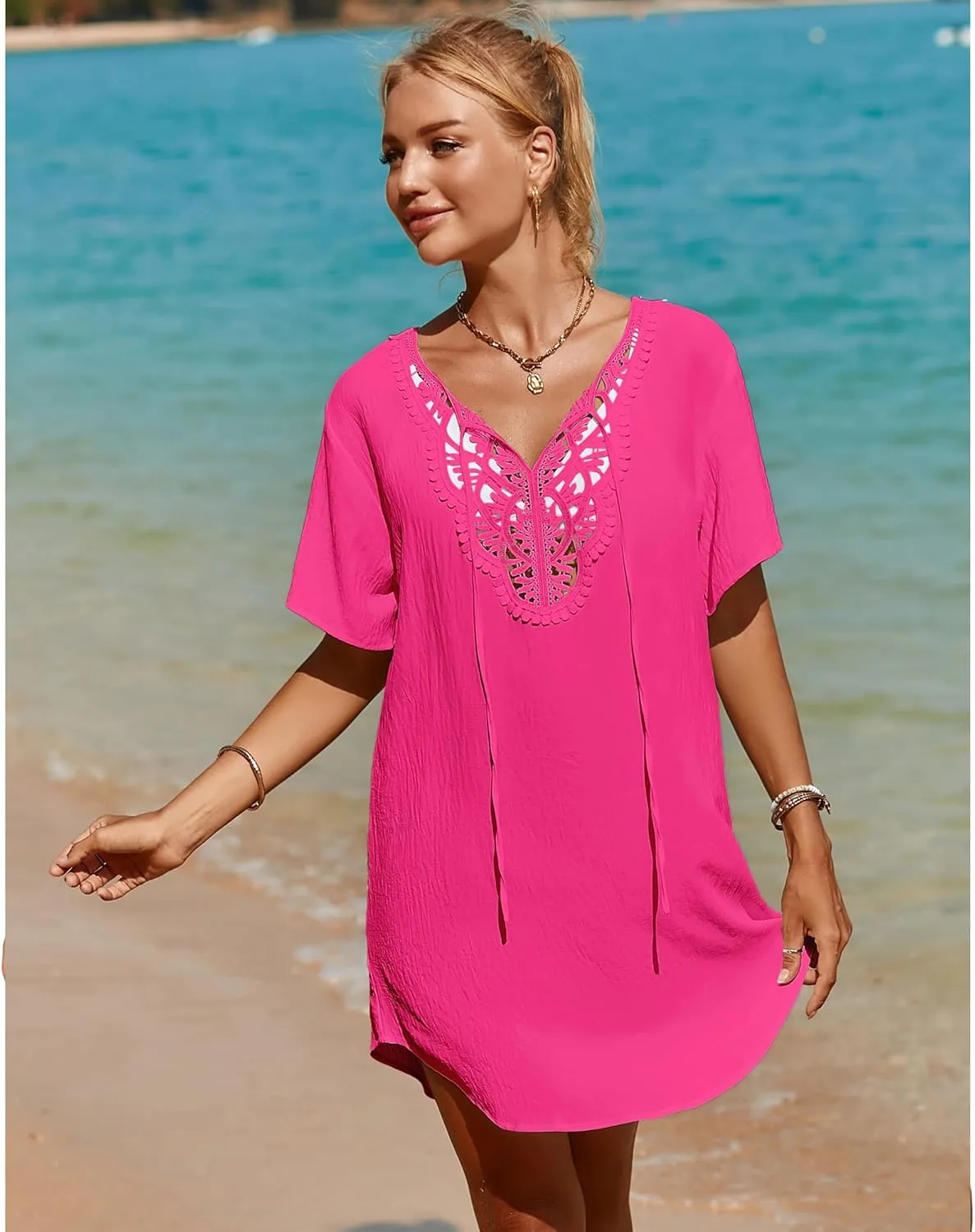 SimpleFun Womens Swimsuit Coverup Lace Crochet V Neck Bathing Suit Cover Up Dress Beach Cover Ups for Swimwear