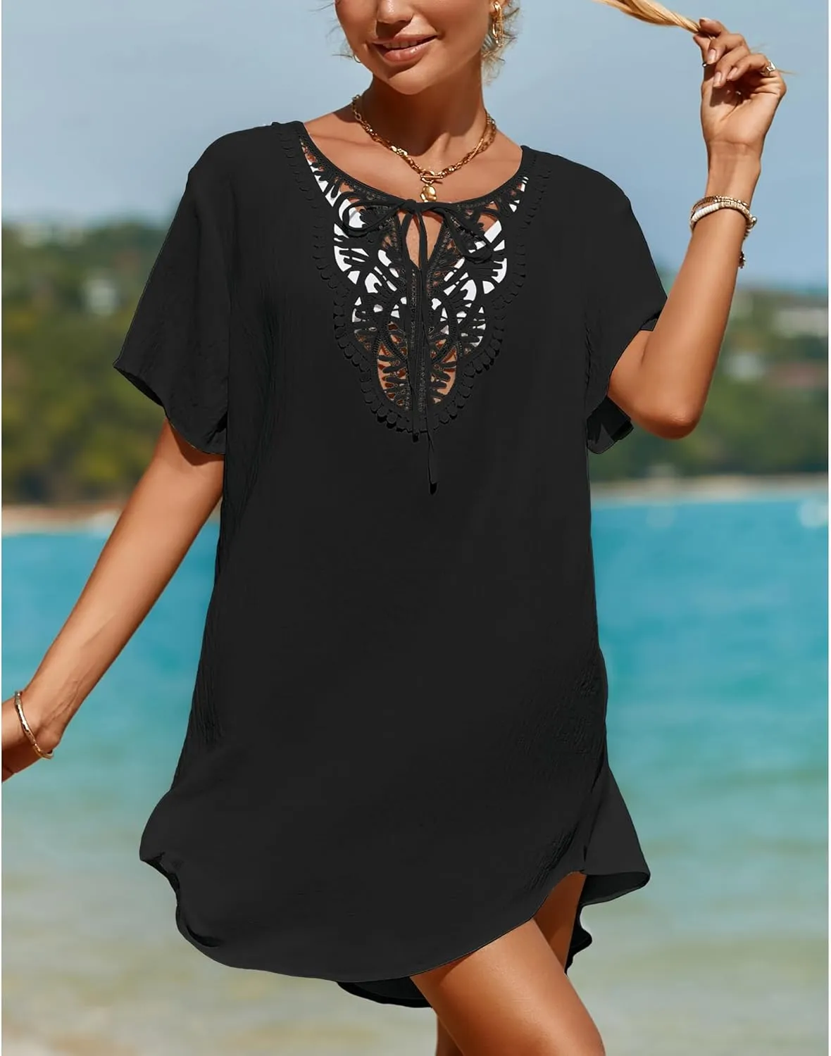 SimpleFun Womens Swimsuit Coverup Lace Crochet V Neck Bathing Suit Cover Up Dress Beach Cover Ups for Swimwear