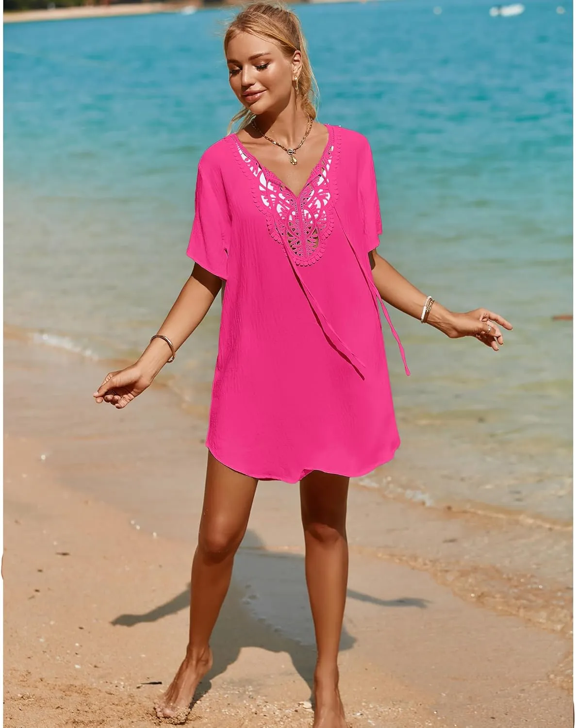 SimpleFun Womens Swimsuit Coverup Lace Crochet V Neck Bathing Suit Cover Up Dress Beach Cover Ups for Swimwear