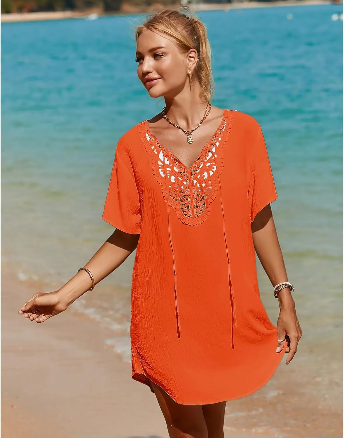 SimpleFun Womens Swimsuit Coverup Lace Crochet V Neck Bathing Suit Cover Up Dress Beach Cover Ups for Swimwear