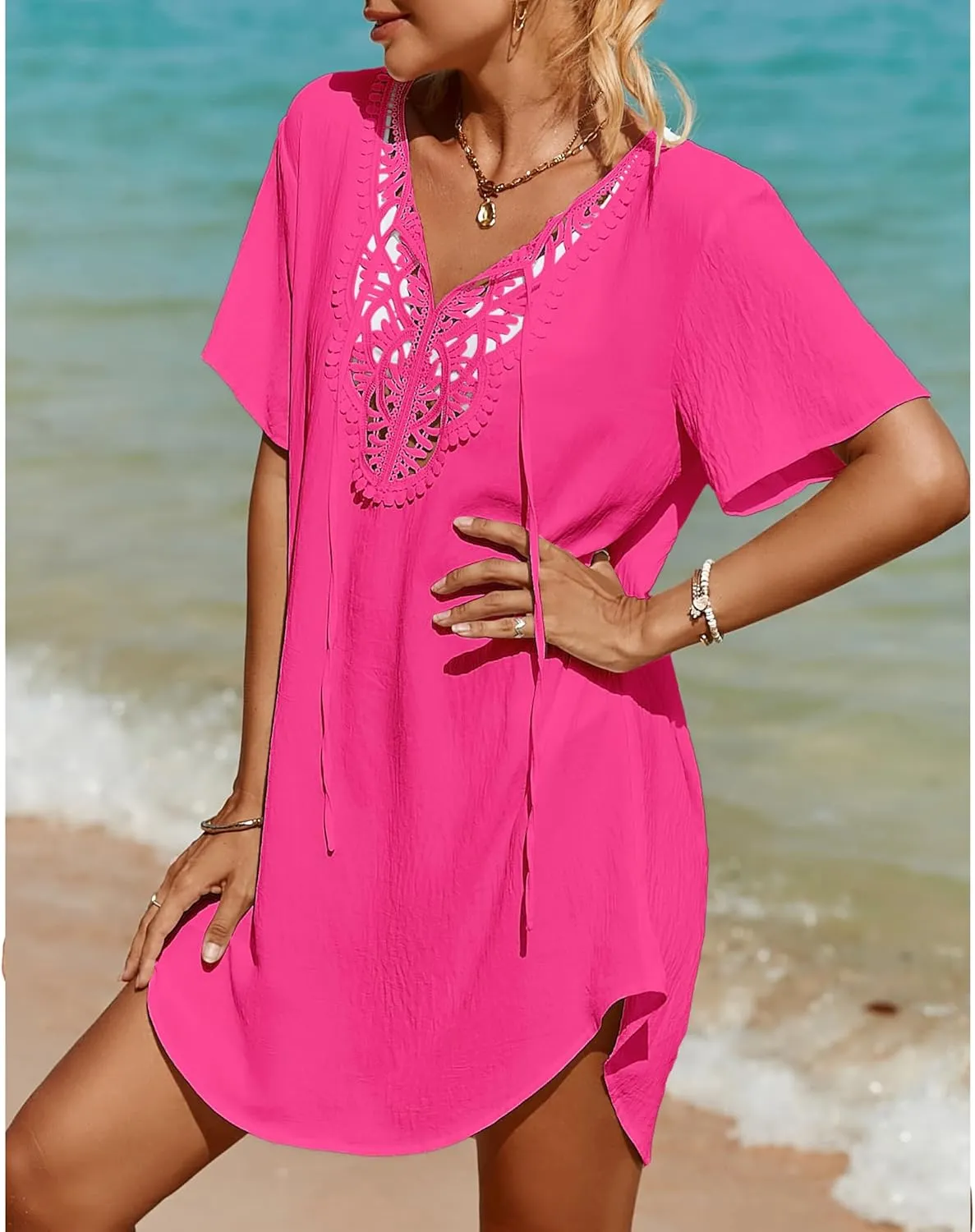 SimpleFun Womens Swimsuit Coverup Lace Crochet V Neck Bathing Suit Cover Up Dress Beach Cover Ups for Swimwear