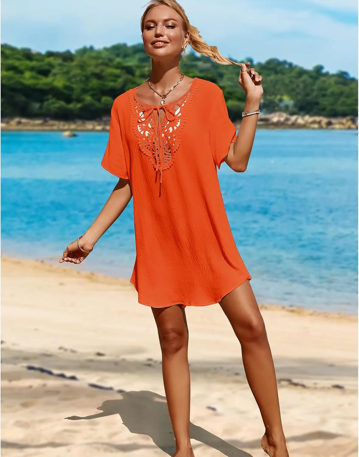 SimpleFun Womens Swimsuit Coverup Lace Crochet V Neck Bathing Suit Cover Up Dress Beach Cover Ups for Swimwear