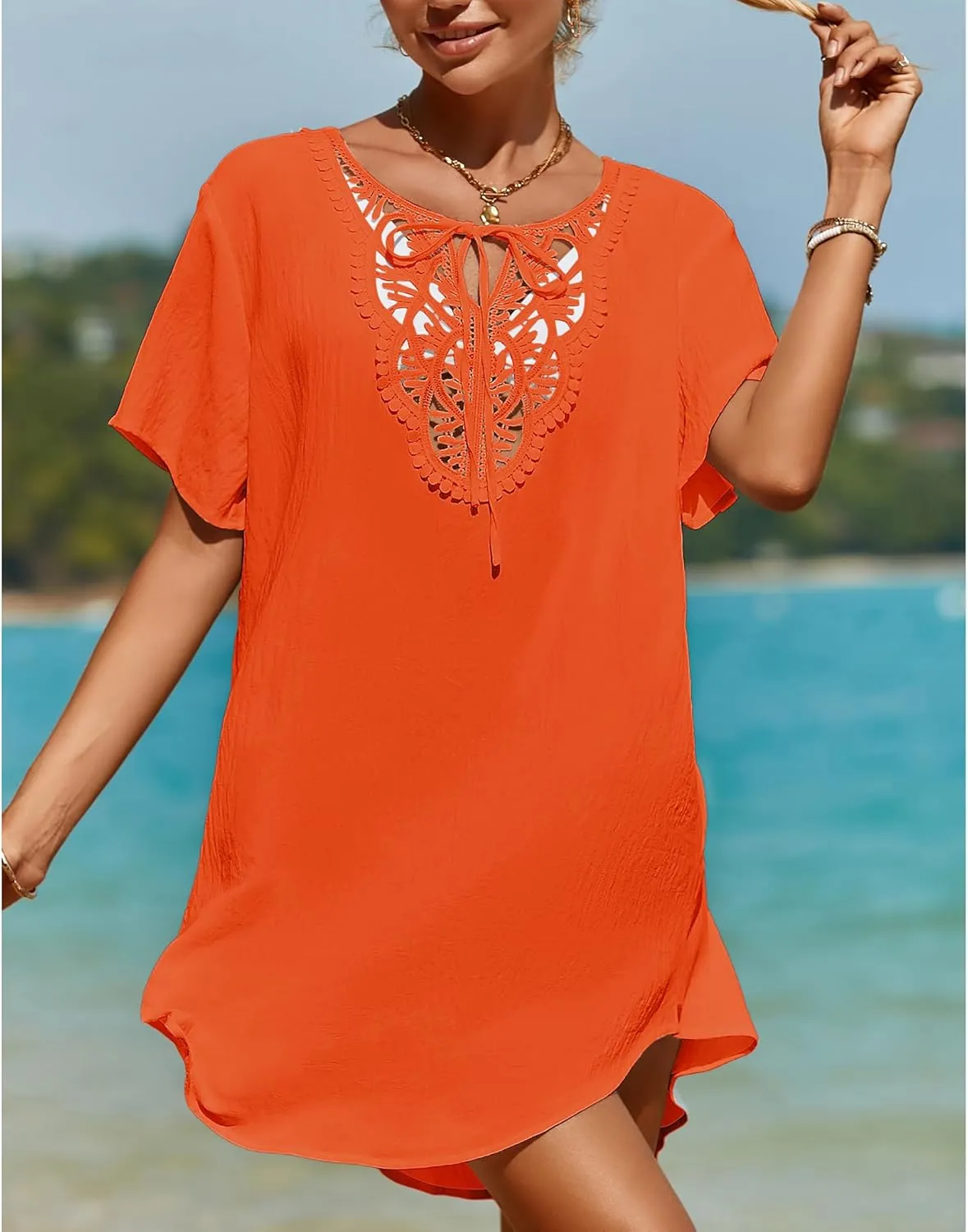SimpleFun Womens Swimsuit Coverup Lace Crochet V Neck Bathing Suit Cover Up Dress Beach Cover Ups for Swimwear
