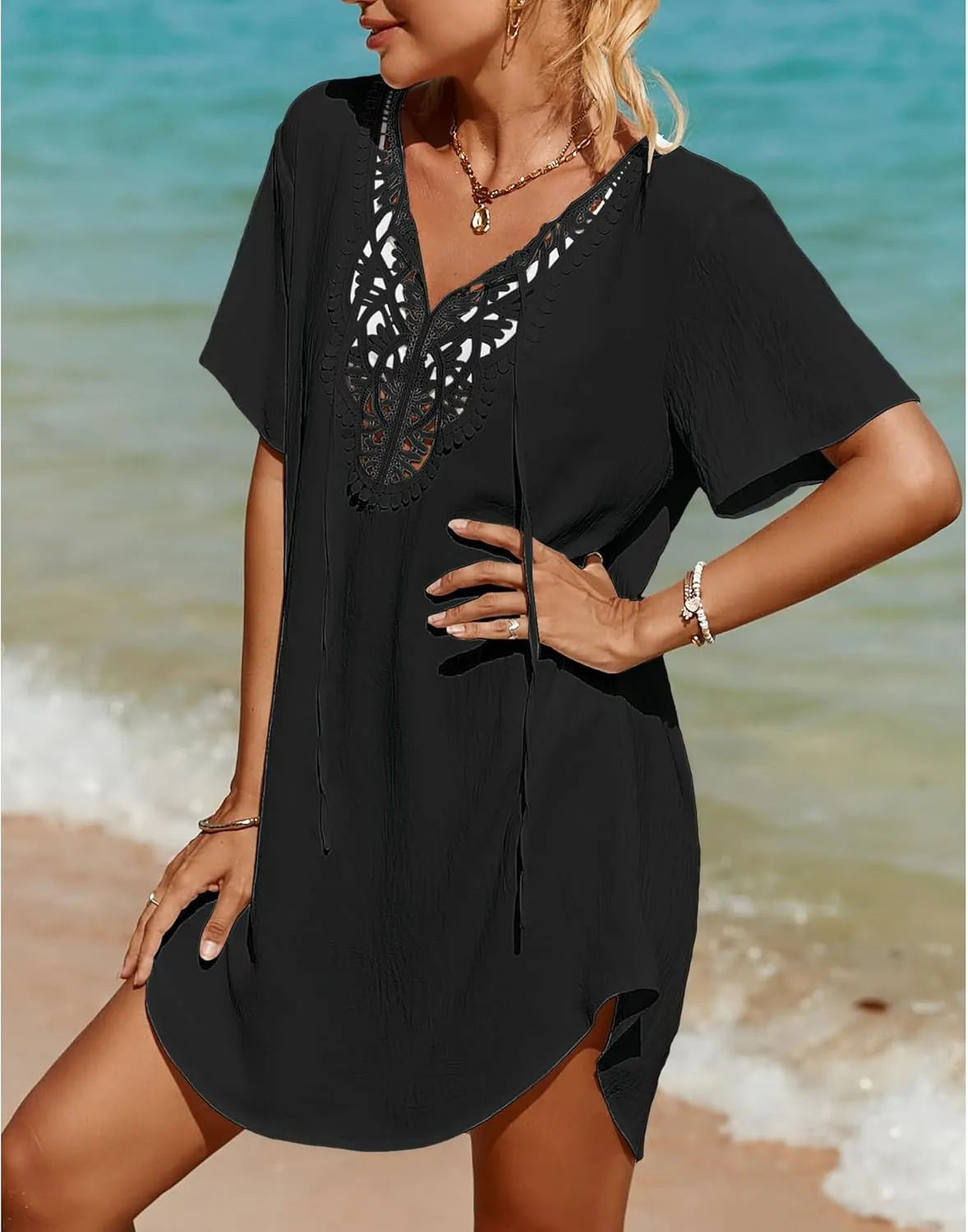 SimpleFun Womens Swimsuit Coverup Lace Crochet V Neck Bathing Suit Cover Up Dress Beach Cover Ups for Swimwear