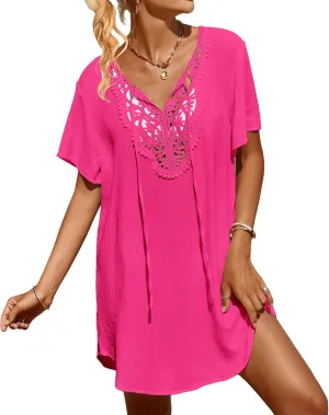 SimpleFun Womens Swimsuit Coverup Lace Crochet V Neck Bathing Suit Cover Up Dress Beach Cover Ups for Swimwear