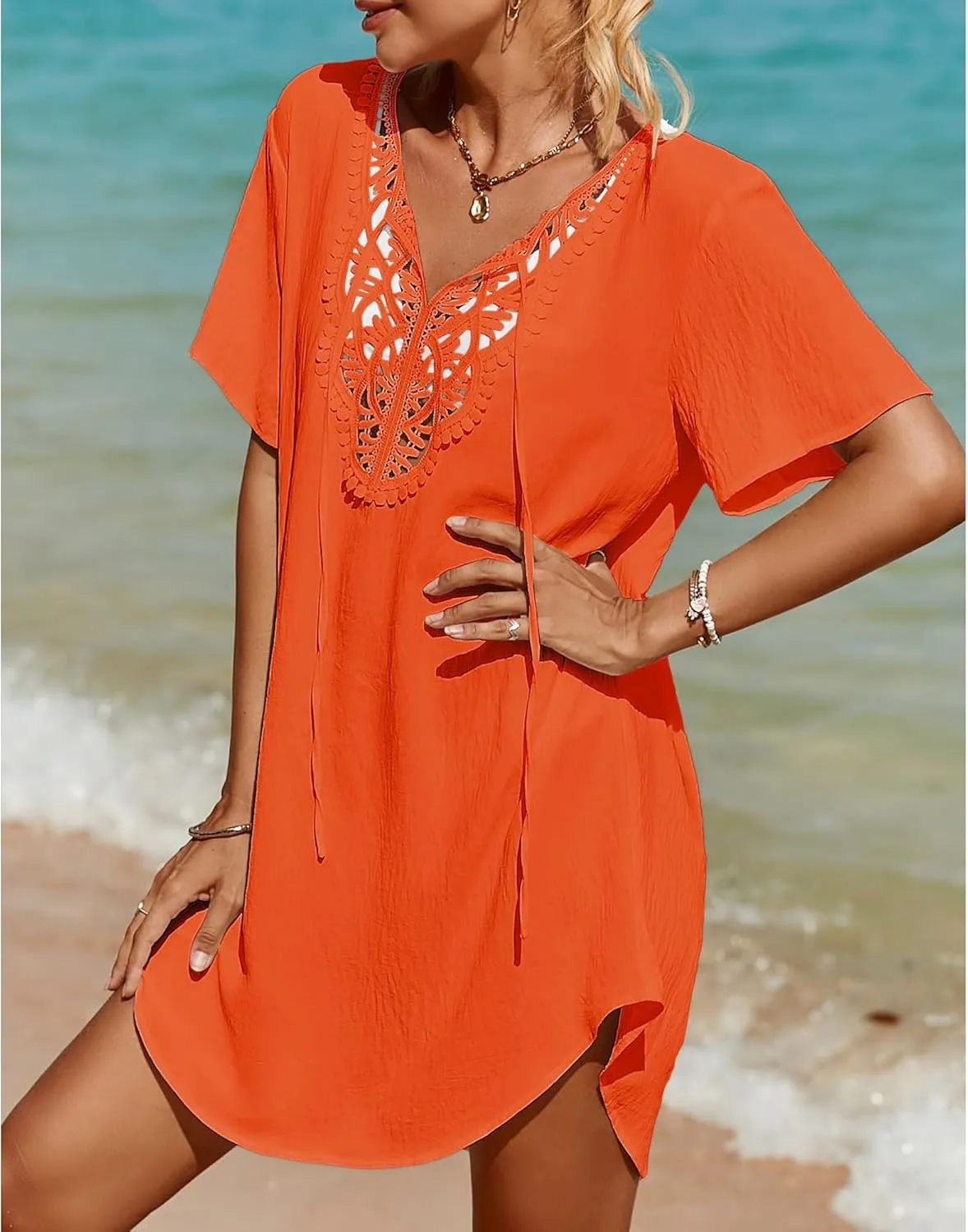 SimpleFun Womens Swimsuit Coverup Lace Crochet V Neck Bathing Suit Cover Up Dress Beach Cover Ups for Swimwear