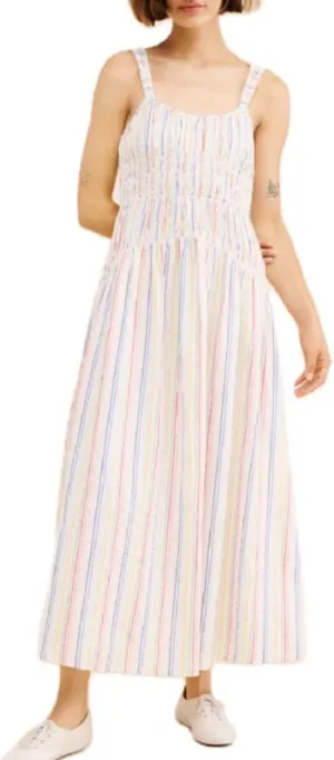 SOLILOQUY Women Boho Striped Midi Dress Spaghetti Strap Scoop Neck Smock Bodice Tiered A-Line Flowy Sundress Summer Vacation