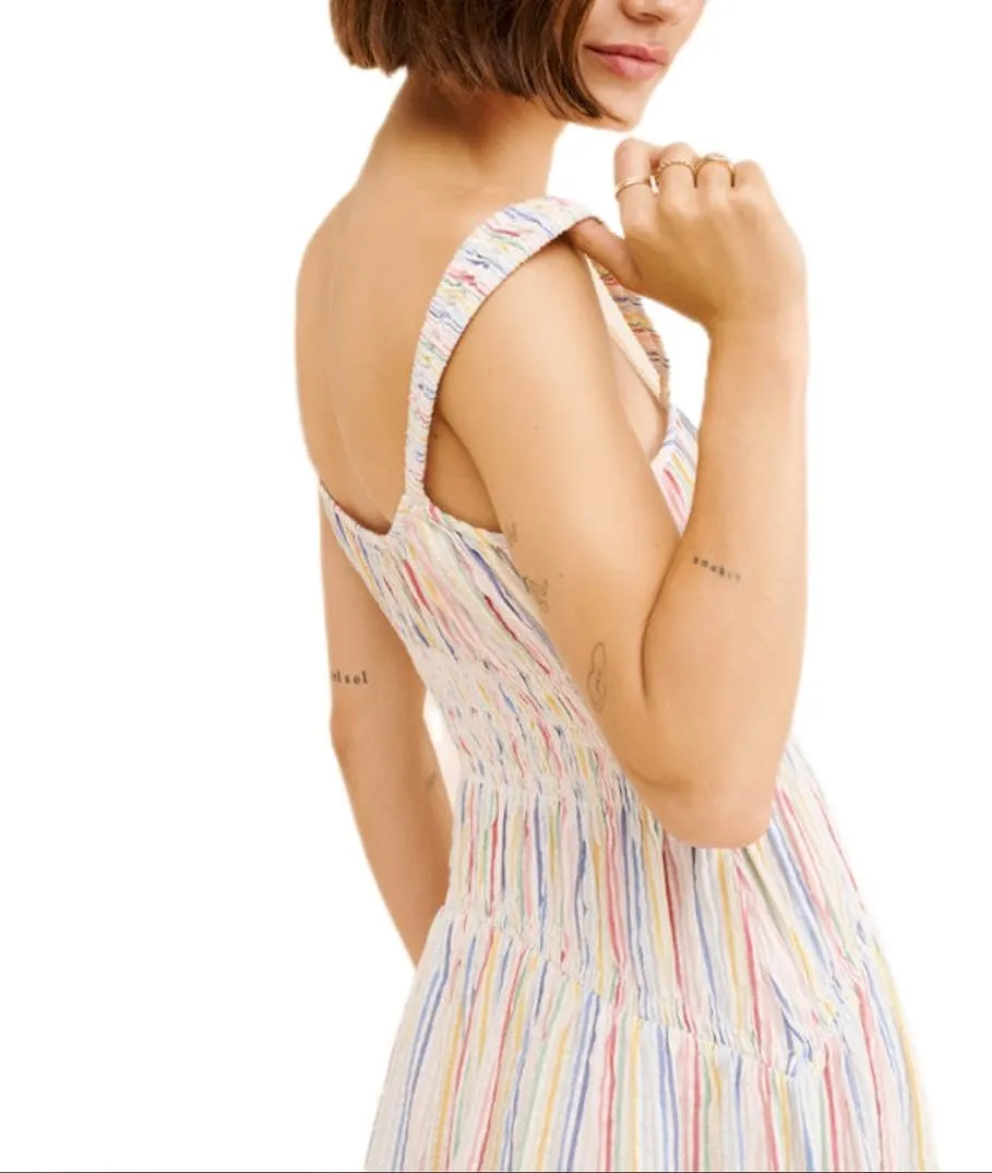 SOLILOQUY Women Boho Striped Midi Dress Spaghetti Strap Scoop Neck Smock Bodice Tiered A-Line Flowy Sundress Summer Vacation