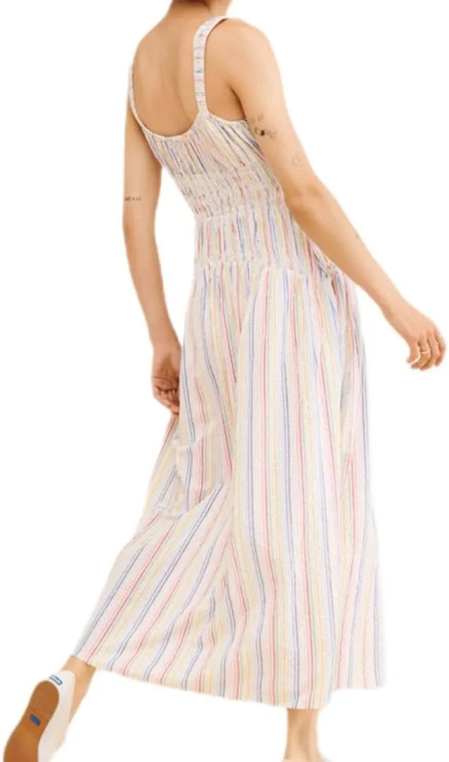 SOLILOQUY Women Boho Striped Midi Dress Spaghetti Strap Scoop Neck Smock Bodice Tiered A-Line Flowy Sundress Summer Vacation