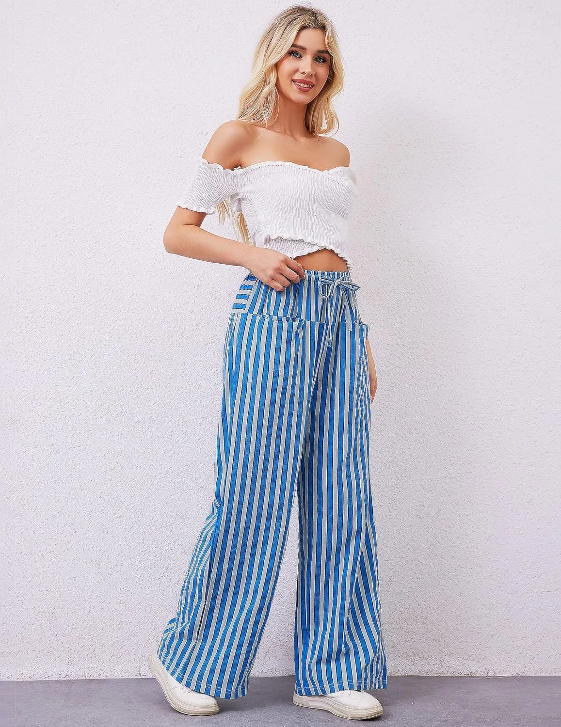 Striped Pants Women Wide Leg Trousers Drawstring Low Rise Casual Loose Lounge Pajama Pants with Pockets