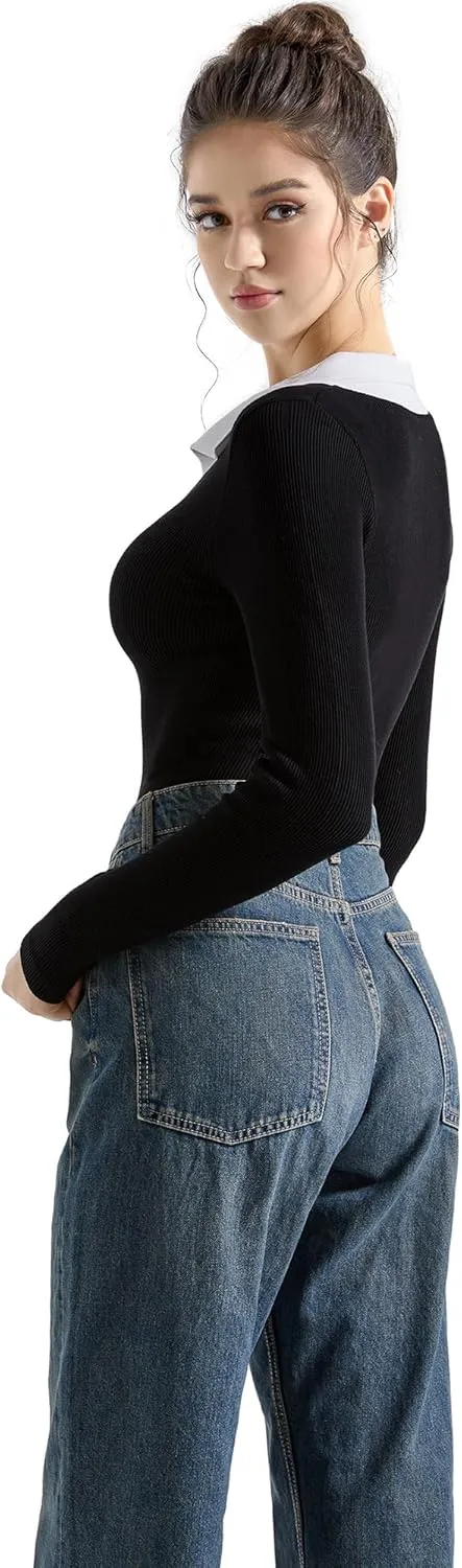 SUUKSESS Women Long Sleeve Ribbed V Neck Polo Shirts Collared Business Casual Slim Fitted Tops for Office Work