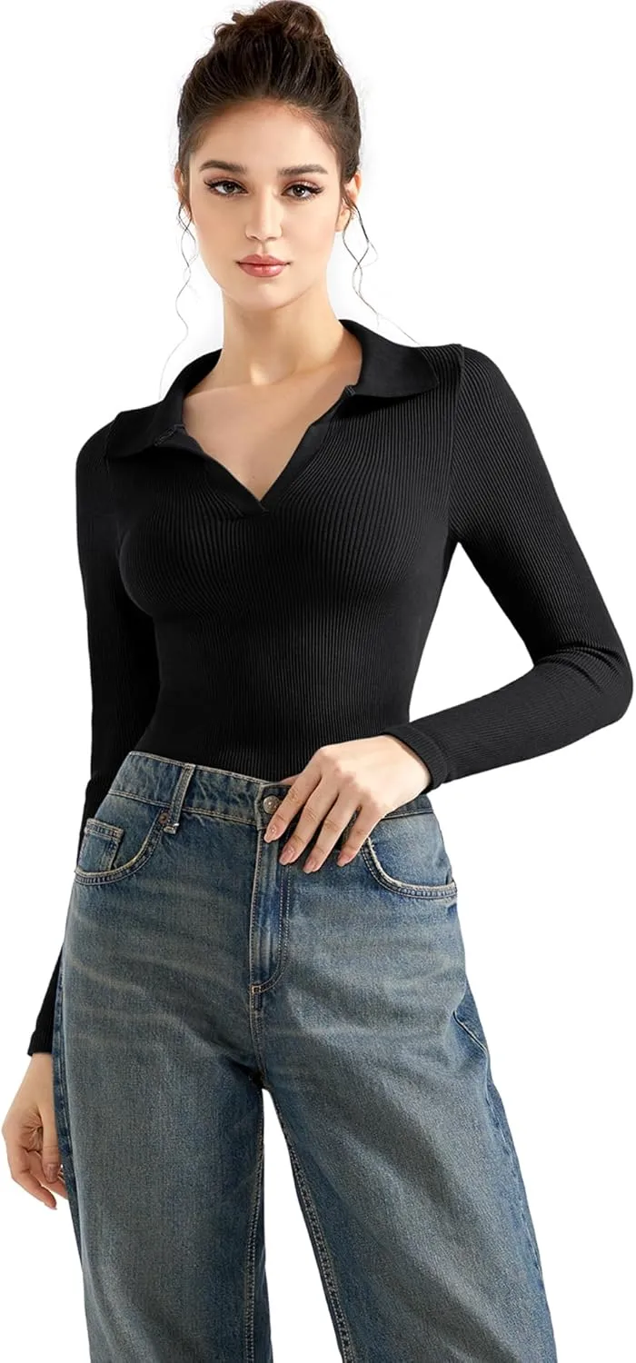 SUUKSESS Women Long Sleeve Ribbed V Neck Polo Shirts Collared Business Casual Slim Fitted Tops for Office Work